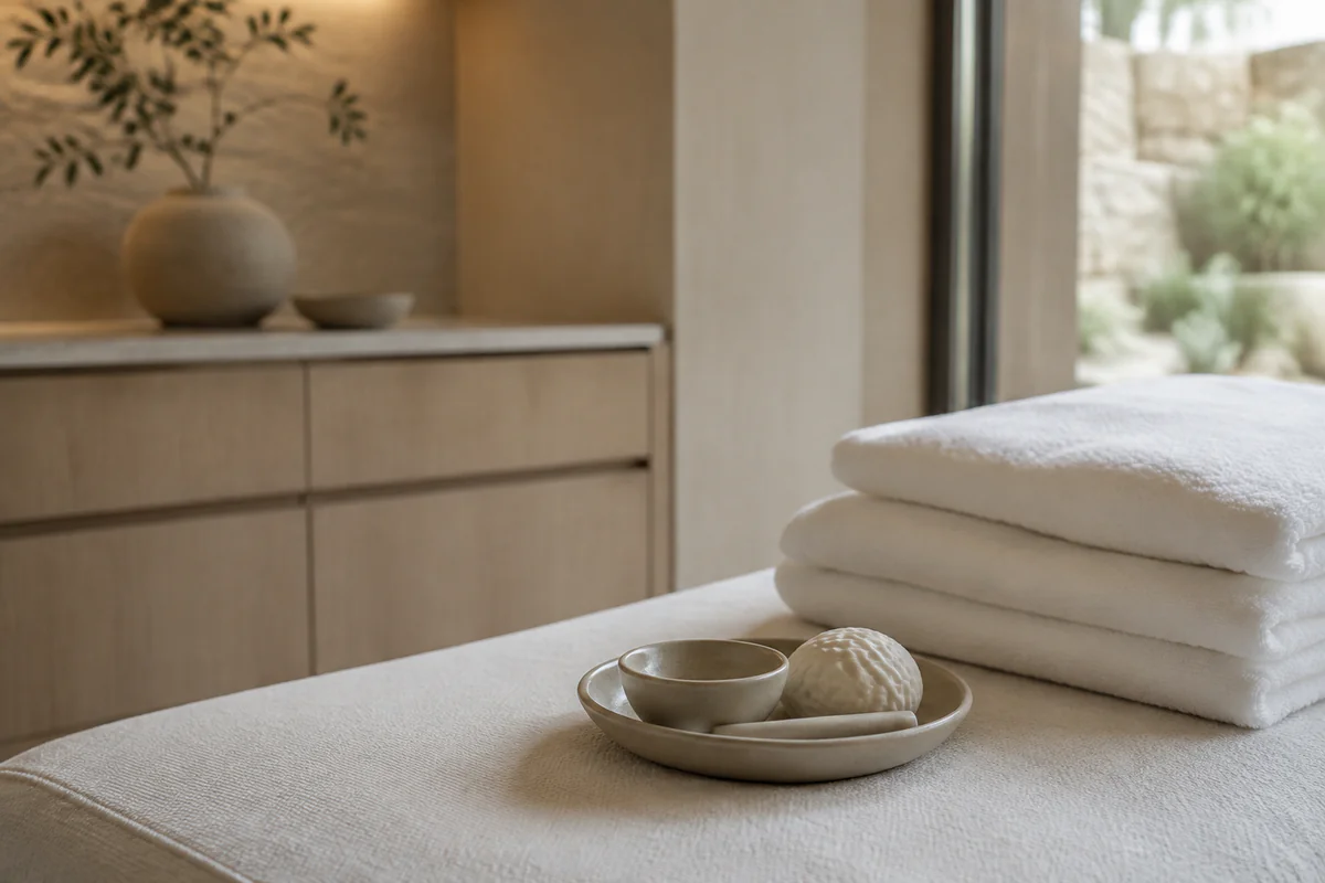 Lettino di una cabina estetica VeryFIT con asciugamani piegati e strumenti in ceramica