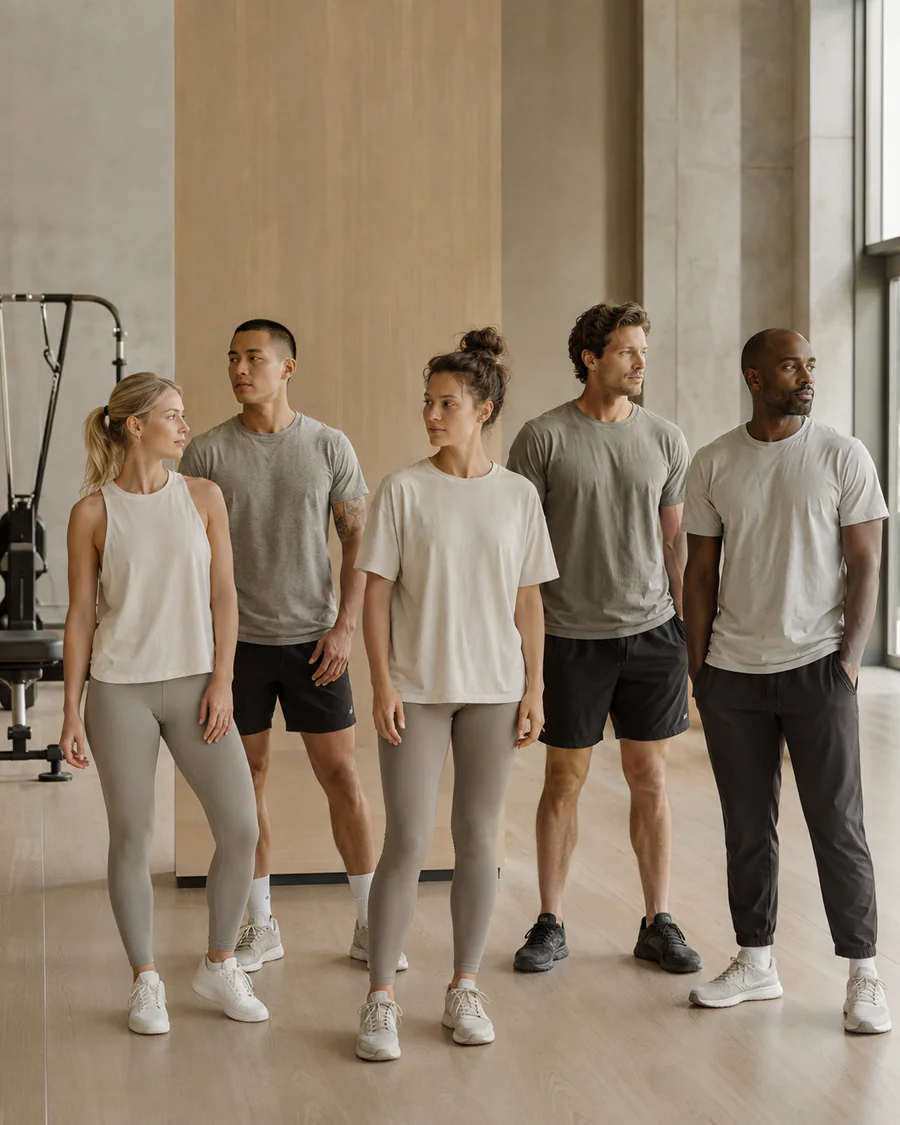 Ritratto di gruppo dello staff di VeryFIT in sala, in abbigliamento sportivo
